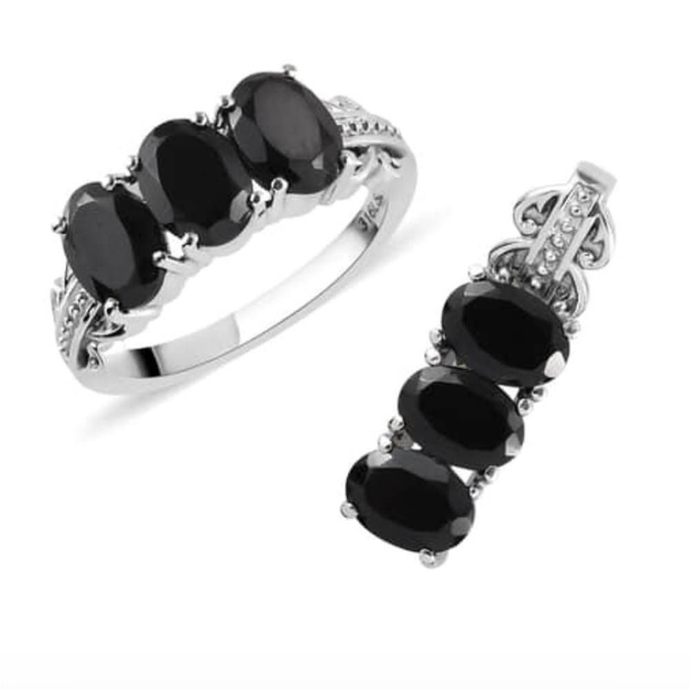 Thai Black Spinel 3 Stone Ring (size 7)and Pendant in Stainless Steel